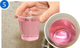 5. 水道であれば塩素反応が出て、ピンク色になります。井戸水の場合は変化しません。